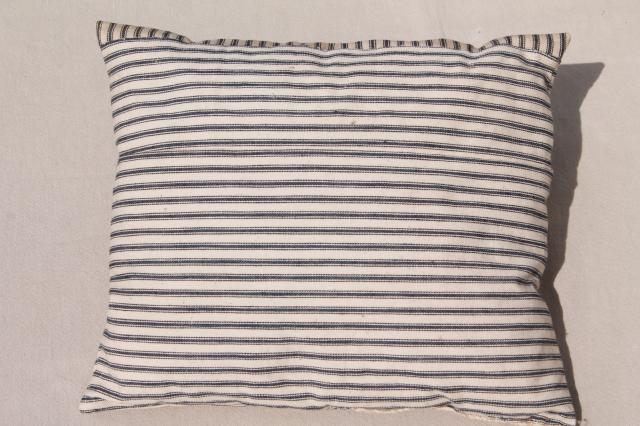 primitive pillow w/ indigo blue striped ticking, antique vintage feather pillow