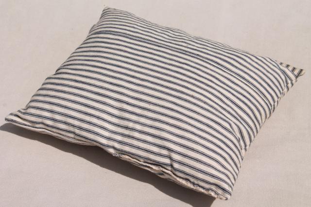 primitive pillow w/ indigo blue striped ticking, antique vintage feather pillow