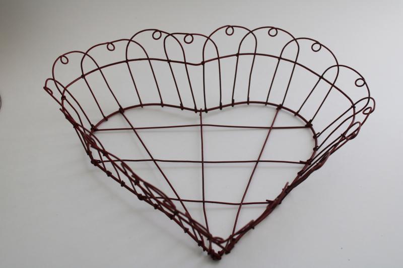 primitive rustic barn red heart basket, vintage hand wrought wire work heart