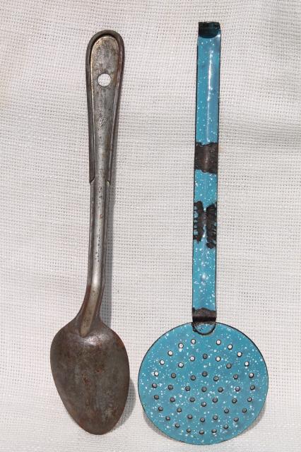 primitive spoons lot dipper, skimmer, long handled metal spoon - vintage camp / kitchen cookware