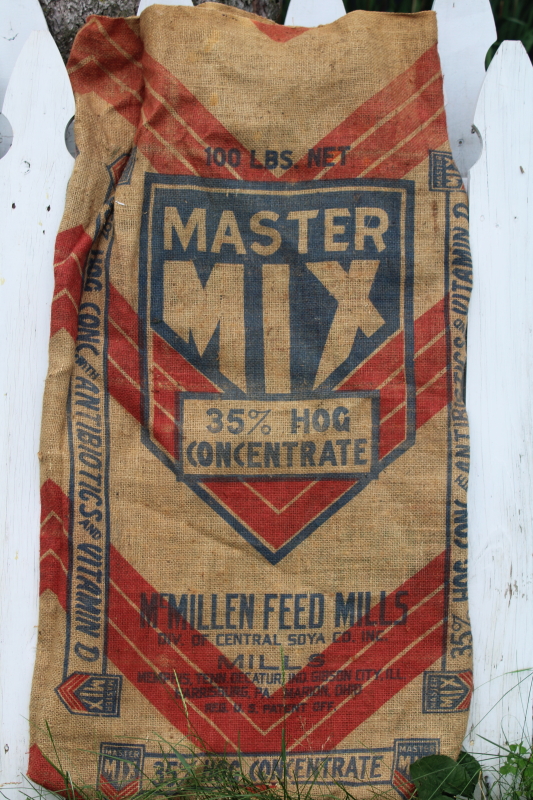 primitive vintage burlap sack from farm feed, Master Mix print graphics