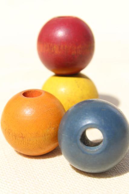 primitive vintage counting string, big round wood beads, wooden beads in primary colors