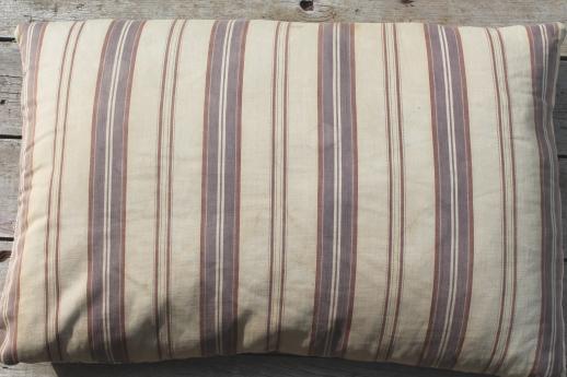 primitive vintage feather pillow w/ old wide striped cotton ticking fabric 