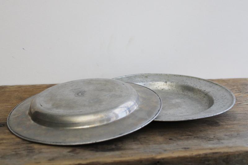 primitive vintage metal plates, antique pewter style rustic old camp plates