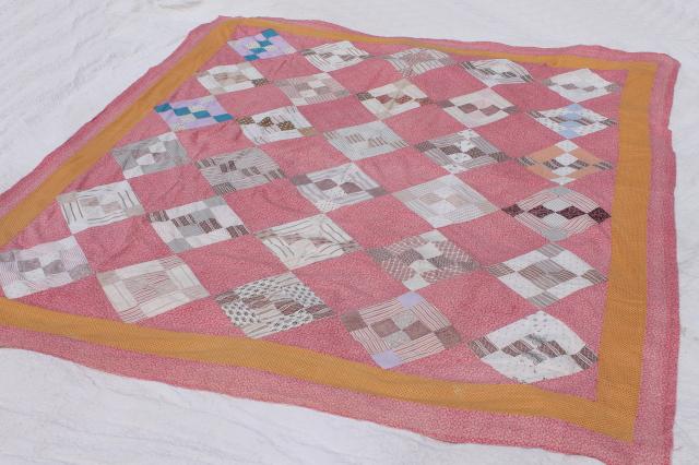 primitive vintage patchwork quilt top - coral pink, bittersweet orange, tan cotton shirting fabric