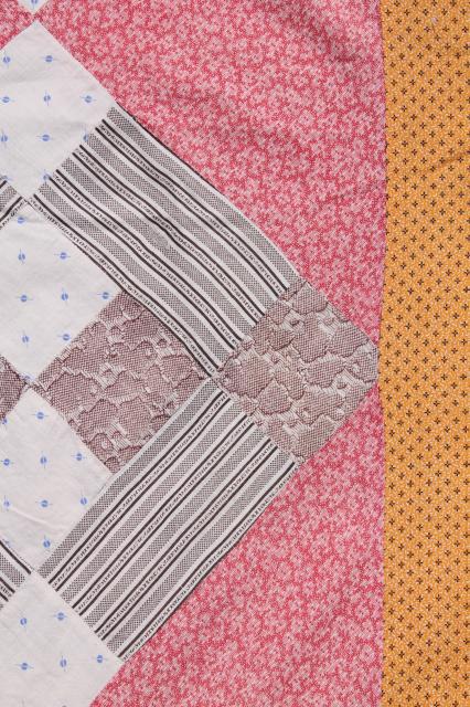 primitive vintage patchwork quilt top - coral pink, bittersweet orange, tan cotton shirting fabric