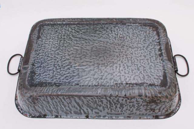 primitive vintage spatterware enamel ware baking pan w/ tray handles, old grey graniteware