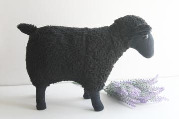 primitive vintage standing sheep, black sheep toy stuffed animal w/ button eyes