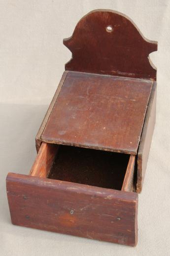 primitive vintage wall hanger candle shelf, salt box style w/ spice drawer for matches