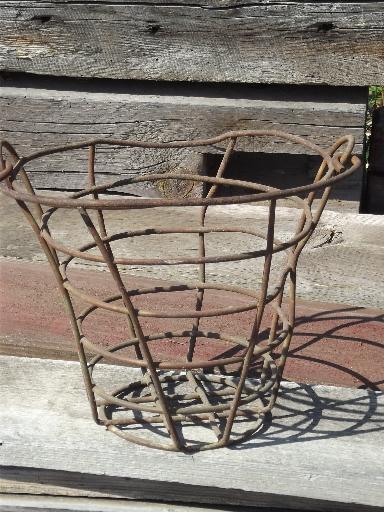 primitive vintage wire basket, old farm pail produce or tool bucket