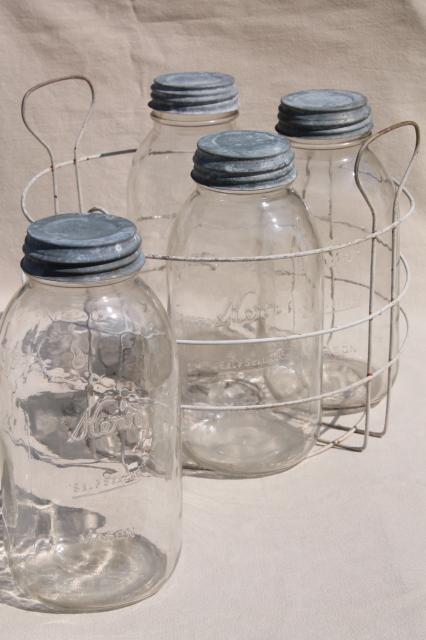 primitive vintage wire jar rack,  w/ canner carrier basketbig old 2 qt canning jars