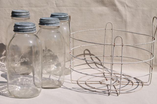 primitive vintage wire jar rack,  w/ canner carrier basketbig old 2 qt canning jars