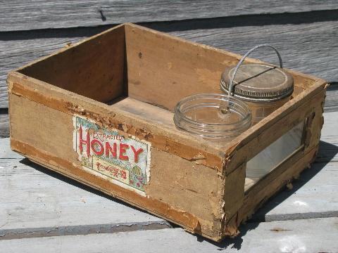 primitive vintage wood box and old glass barrel jars, antique honey label