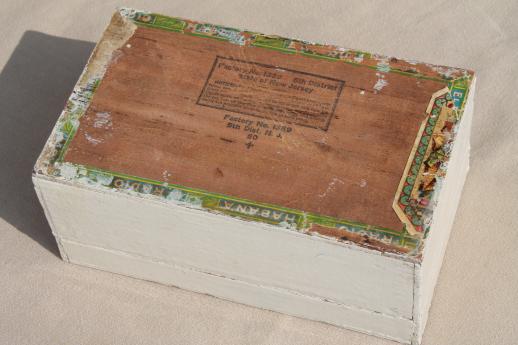 primitive vintage wood cigar box, keepsake box w/ shabby chippy old white paint
