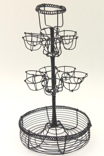 primitive wire basket egg holder, tall stand rack w/ bowl for kitchen table or counter