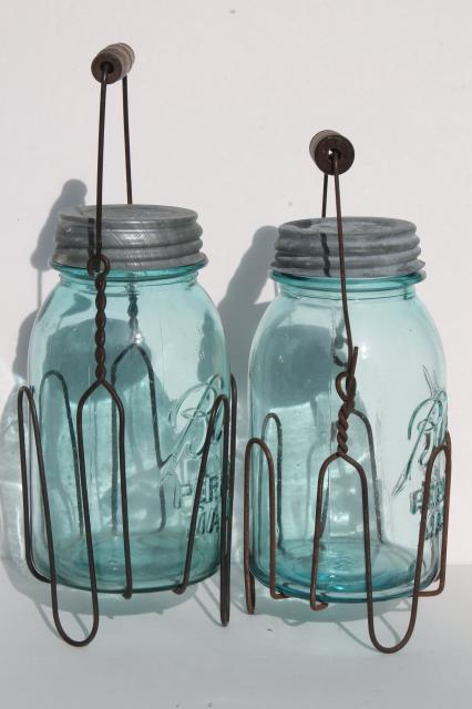 primitive wire rack jar carriers w/ wooden handles, old blue glass Ball Mason jars