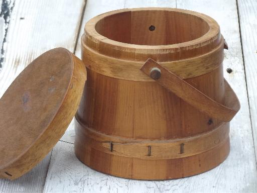 primitive wood sugar bucket, vintage wooden firkin pail w/ handle & lid