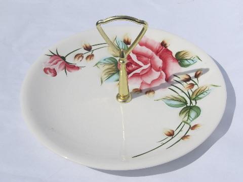 puffy rose pink floral sandwich plate w/ handle, vintage Lefton china