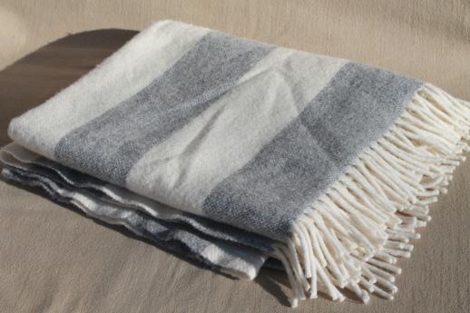 pure wool fringed throw, rustic alpine white & grey striped camp blanket