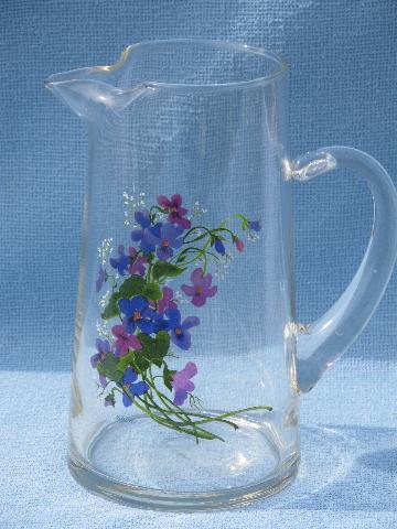 purple violets Arocoroc France glass lemonade set, pitcher & glasses