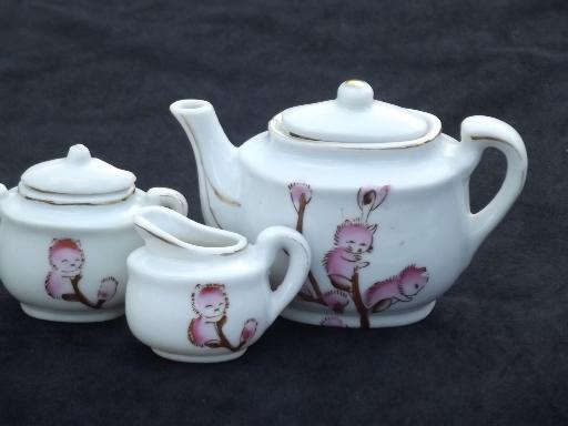 pussy willow babies child's china tea set, vintage Japan toy doll dishes