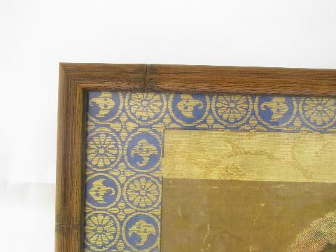quail birds on blue & gold, vintage chinoiserie print, carved wood bamboo frame