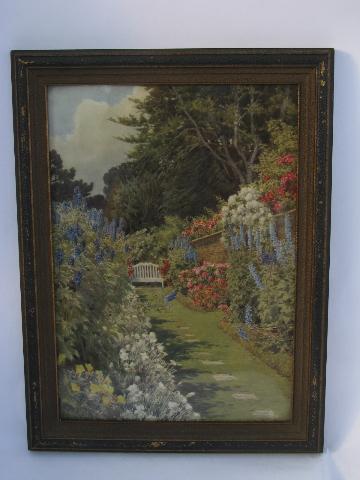 quiet bench in cottage garden delphiniums, antique floral print vintage frame