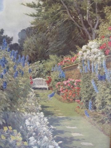 quiet bench in cottage garden delphiniums, antique floral print vintage frame