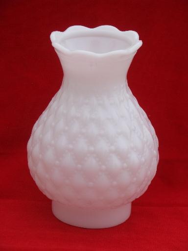 quilted diamond pressed milk glass lamp chimney shade, 50s vintage