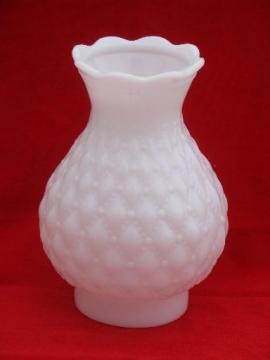 quilted diamond pressed milk glass lamp chimney shade, 50s vintage