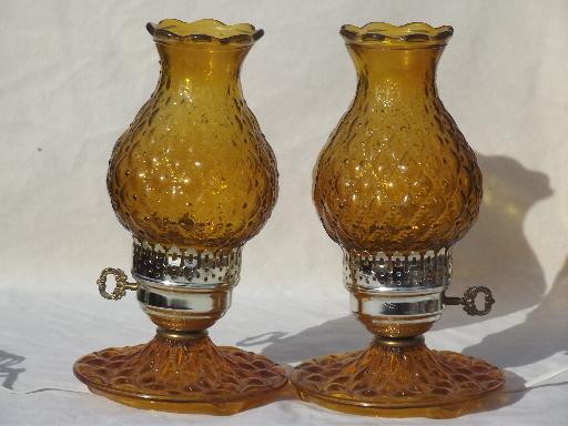 quilted pattern amber glass lamps w/ hurricane shades, vintage lamp set