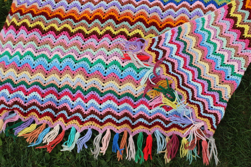 rainbow of colors ripple crochet afghan chevron stripes handmade vintage throw blanket