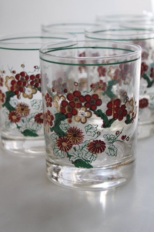 rare Culver glass double old fashioned glasses Imari style flowering branch print teal green, wine, gold