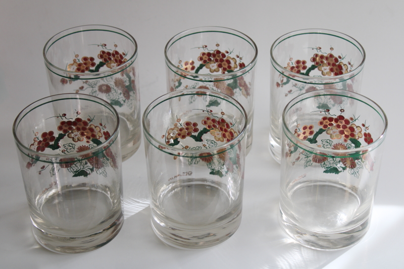 rare Culver glass double old fashioned glasses Imari style flowering branch print teal green, wine, gold