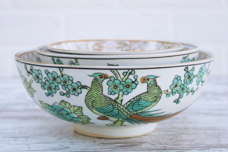 rare Gold Imari vintage Japan porcelain bowls trio, teal green chinoiserie hand painted peacock birds