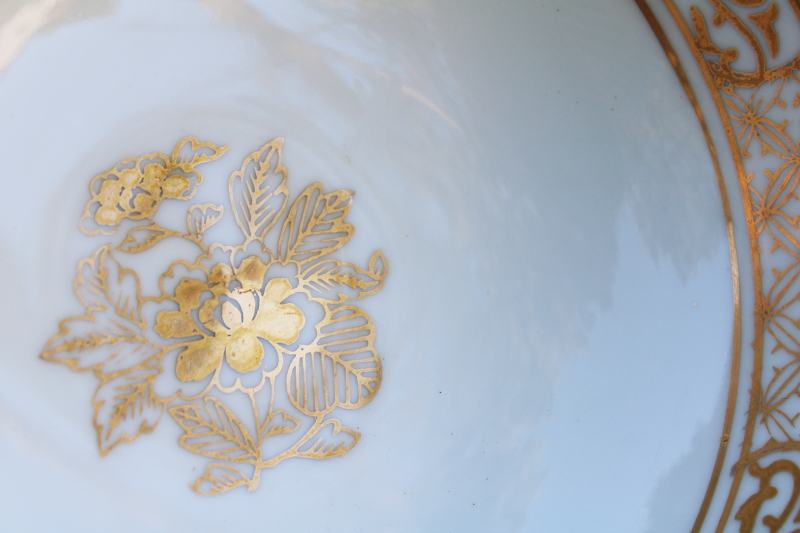 rare Gold Imari vintage Japan porcelain bowls trio, teal green chinoiserie hand painted peacock birds