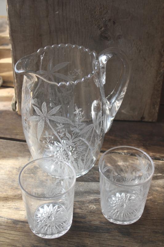 rare feeding swan pattern EAPG vintage glass lemonade pitcher & tumbler glasses