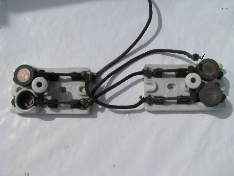 rare pair of old early electric, industrial circuit breaker switches w/ mica fuse sockets & fuses, 1800s patents