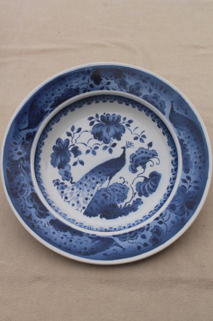 rare vintage Royal Copenhagen Aluminia faience pottery blue & white peacock soup plates set