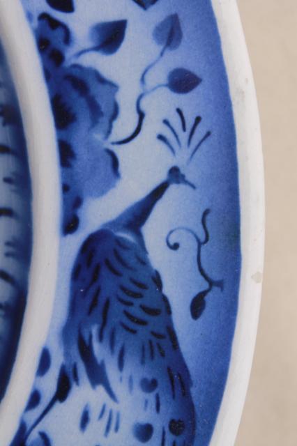 rare vintage Royal Copenhagen Aluminia faience pottery blue & white peacock soup plates set