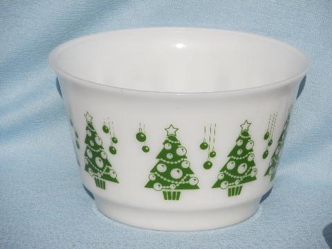 red and green Christmas Trees eggnog punch cups and bowl, vintage milk glass