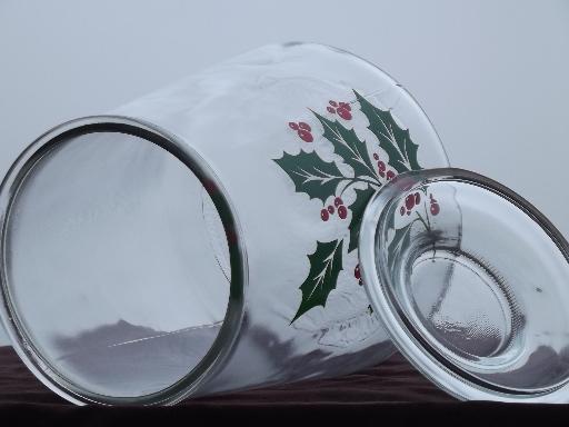 red and green Christmas holly clear glass cookie jar kitchen canister