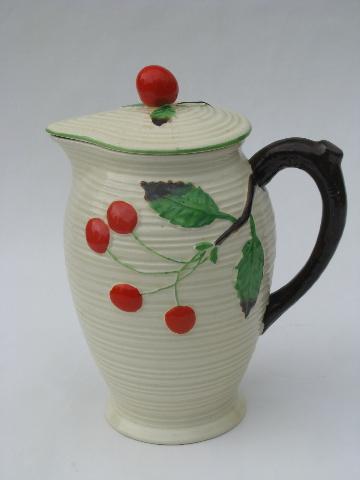 red cherries, vintage Japan majolica style pottery pitcher or coffee pot