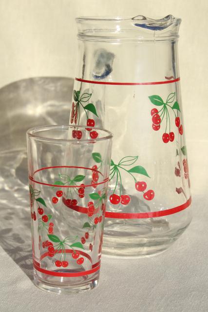 red cherry print glass pitcher & drinking glasses, vintage glassware set made in Italy