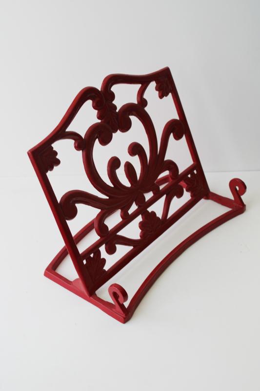 red enamel cast iron easel book stand, kitchen cookbook holder or display rack