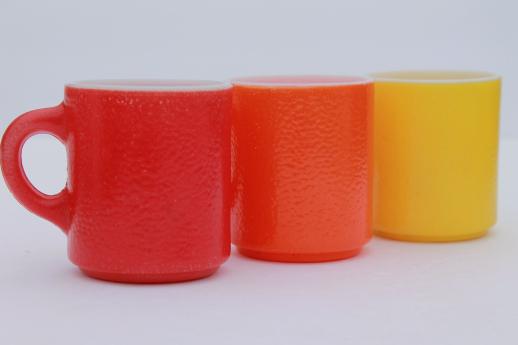 red, orange, yellow vintage heat proof milk glass coffee mug w/ fired on colors