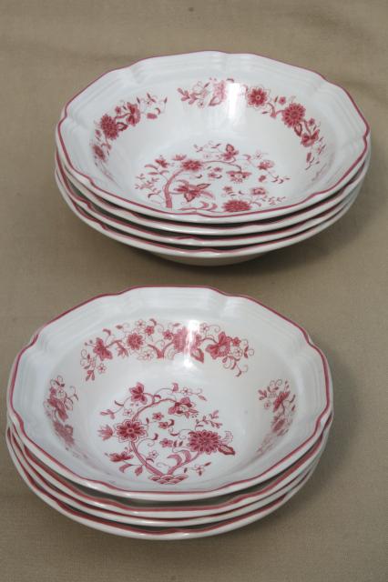 red - pink Indian tree transferware bowls, retro vintage stoneware pottery 