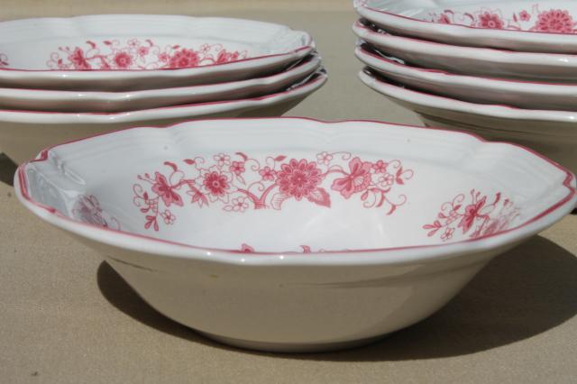 red - pink Indian tree transferware bowls, retro vintage stoneware pottery 