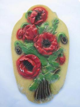 red poppies, old chalkware kitchen wall plaque, vintage 1930s-40s