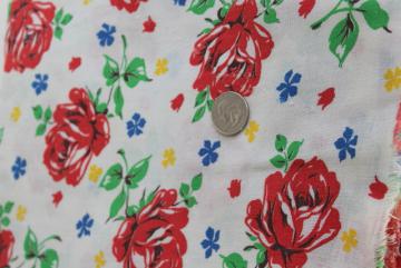 red roses print cotton feed sack, 40s 50s vintage feedsack fabric for sewing projects